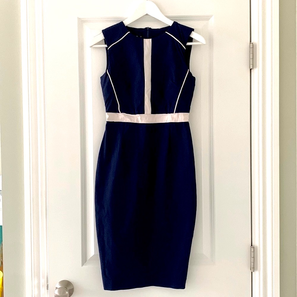 Beautiful navy and white high neck bodycon dress, great work work and play